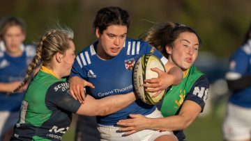 Action from the match between Ballynahinch and Queen's University on Sunday 7 January 2024. Photo: John McMurtry. © FRU SPORTS 2024.
