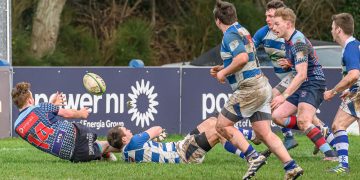 Action from the Crawford Cup match between Belfast Harlequins II and Dungannon II on Saturday 3 February 2024. Photo: Cyril Boyd. © FRU SPORTS 2024.