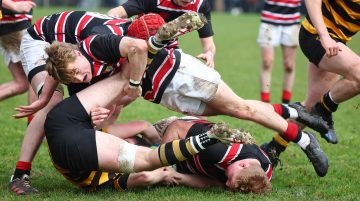 Action from the Schools Cup Quarter Final match between Banbridge Academy and RBAI on Saturday 10 February 2024. © FRU SPORTS 2024.