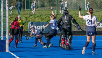 Action from the All Ireland Hockey League match between Ulster University Elks and Corinthian on Saturday 24 February 2024. Photo: John McMurtry. © FRU SPORTS 2024.