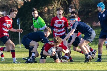 Action from the Medallion Plate match between Methodist College and Ballyclare High on Saturday 24 February 2024. © FRU SPORTS 2024.
