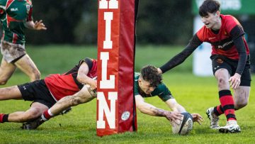 Action from the Club-School friendly match between Larne and Carrick on Wednesday 4 April 2024. Photo: John McMurtry. © FRU SPORTS 2024.