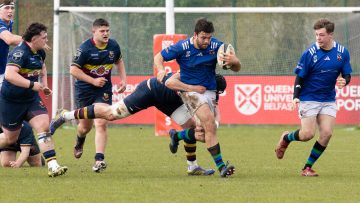 Action from the match between Queen's University and Banbridge on Saturday 20 April 2024. © FRU SPORTS 2024.