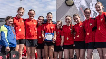 Action from the Girls U13 Club Plate Final match between Banbridge and Pegasus on Sunday 21 April 2024. Photo: John McMurtry. © FRU SPORTS 2024.