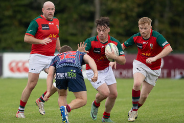 Action from the Gordon West Cup match between Belfast Harlequins II and Larne on Saturday 21 September 2024. Photo: John McMurtry. © FRU SPORTS 2024.