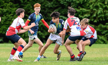 Action from the Schools U16 Shield match between Ballyclare High and Dromore High on Wednesday 26 September 2024. Photo: Cyril Boyd. © FRU SPORTS 2024.