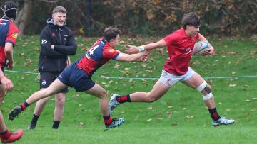 Action from the Schools Cup match between Ballyclare High and Regent House on Saturday 9 November 2024. © FRU SPORTS 2024.