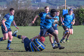 Action from the Schools Trophy match between Dromore High and Antrim Grammar on Saturday 22 February 2025. Photo: Cyril Boyd. © FRU SPORTS 2025.