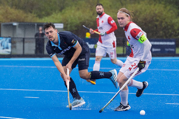 Action from the EuroHockey Trophy match between Lisnagarvey and SK Slavia Prague on Friday 18 April 2025. Photo: John McMurtry. © FRU SPORTS 2025.