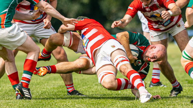 Action from the Chester Cup match between Larne and Randalstown on Saturday 16 August 2025. Photo: John McMurtry. © FRU SPORTS 2025.