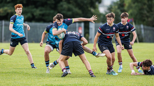 Action from the match between Larne Grammar and Dromore High on Saturday 6 September 2025. Photo: John McMurtry. © FRU SPORTS 2025.