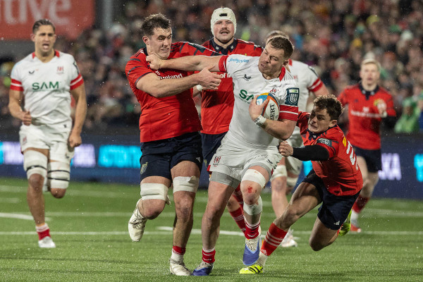 Action from the United Rugby Championship match between Ulster and Munster on Friday 2 January 2026. Photo: Bob Given. © FRU SPORTS 2026.