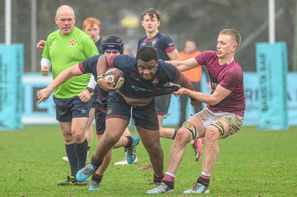 Action from the Subsidiary Shield match between Belfast Royal Academy and Royal School Dungannon on Saturday 7 February 2026. Photo: Cyril Boyd. © FRU SPORTS 2026.