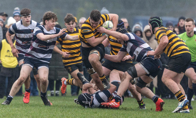 Action from the Schools Cup match between Wallace High School and Royal Belfast Academical Institution on Saturday 7 February 2026. Photo: Bob Given. © FRU SPORTS 2026.