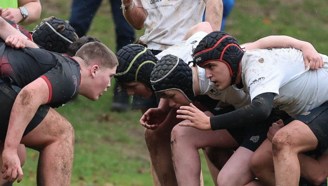 Action from the Medallion Plate Semi Final match between Campbell College and Rainey Endowed on Saturday 21 February 2026. © FRU SPORTS 2026.