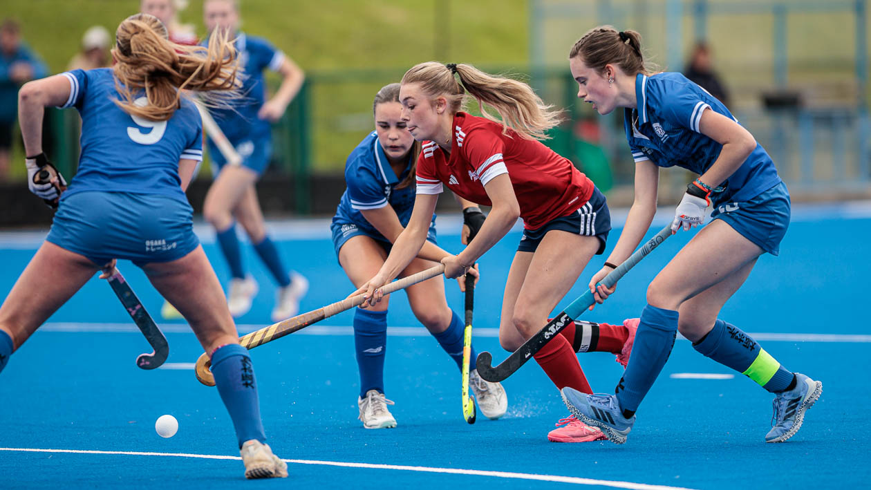 Action from Match 3 in the U18 Girls Representative Series between Ulster and Scotland at Jordanstown Sports Village on Sunday 7th June 2026