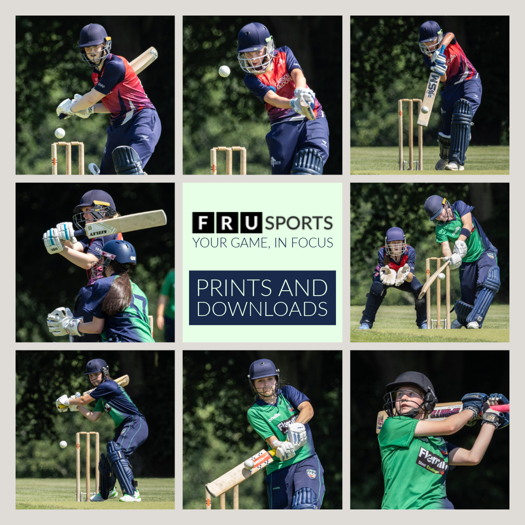 Call to action for the Front Row Union Prints and downloads site, showing images of various cricketers in action.